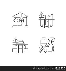 Safety precaution at home linear icons set. Falling, poisoning prevention. Keep chemical away from kids. Customizable thin line contour symbols. Isolated vector outline illustrations. Editable stroke. Safety precaution at home linear icons set