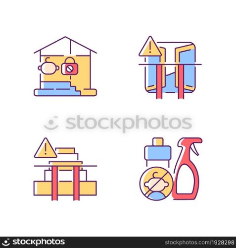 Safety precaution at home RGB color icons set. Falling and poisoning prevention. Keep chemical away from kids. Child security. Isolated vector illustrations. Simple filled line drawings collection. Safety precaution at home RGB color icons set