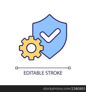 Safety settings RGB color icon. Shield and cogwheel. Digital technology of personal security. Isolated vector illustration. Simple filled line drawing. Editable stroke. Arial font used. Safety settings RGB color icon
