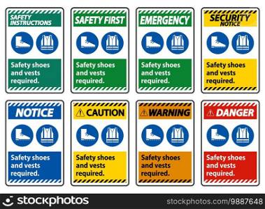 Safety Shoes And Vest Required With PPE Symbols on white background 