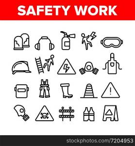 Safety Work Collection Elements Icons Set Vector Thin Line. Goggles And Earphones, Respirator And Clothes Equipment Tools For Safe Work Concept Linear Pictograms. Monochrome Contour Illustrations. Safety Work Collection Elements Icons Set Vector