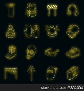Safety work icons set. Illustration of 16 safety work vector icons neon color on black. Safety work icons set vector neon