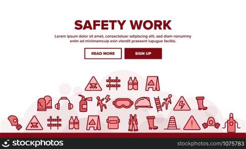 Safety Work Landing Web Page Header Banner Template Vector. Goggles And Earphones, Respirator And Clothes Equipment Tools For Safe Work Illustration. Safety Work Landing Header Vector