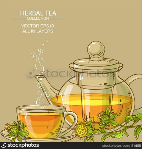 safflower tea background. cup of safflower tea and teapot with safflower flowers