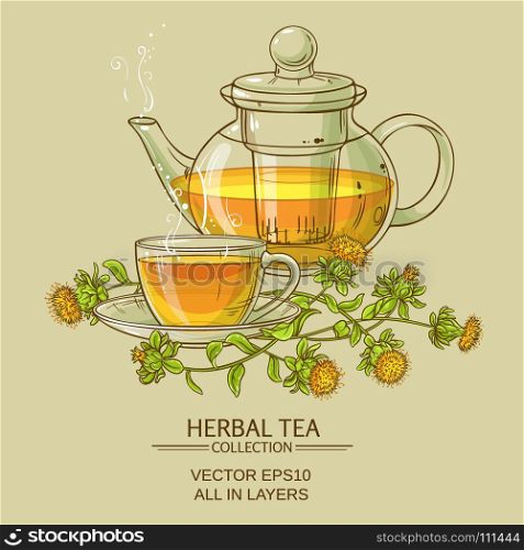 safflower tea vector illustration. cup of safflower tea and teapot with safflower flowers