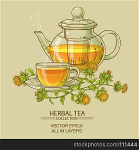 safflower tea vector illustration. cup of safflower tea and teapot with safflower flowers