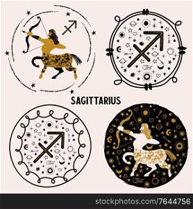 Sagittarius. constellation Sagittarius. A set of vector emblems.. Sagittarius. Zodiac sign. The centaur shoots a bow. Set of vector emblems.
