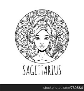 Sagittarius zodiac sign artwork, adult coloring book page, beautiful horoscope symbol girl, vector illustration