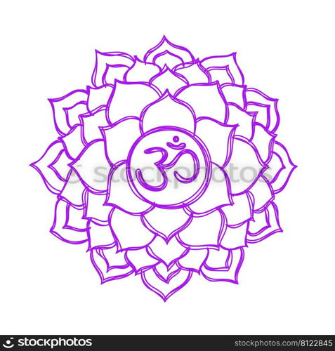 Sahasrara chakra. Pencil drawing. Hand drawn vector art. Om sign. Purple circle. Sacral icon. Meditation.. Sahasrara chakra. Pencil drawing. Hand drawn vector art. Om sign. Purple circle. Sacral icon. Meditation