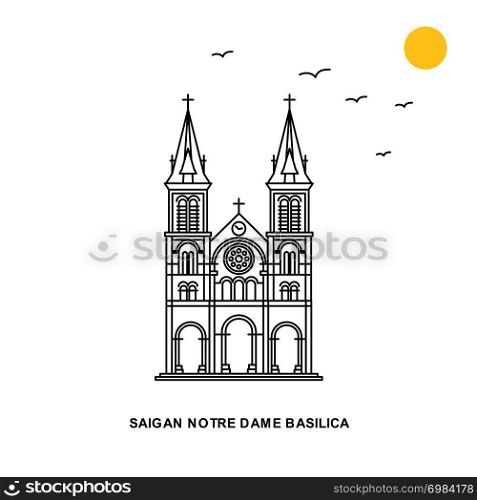 SAIGAN NOTRE DAME BASILICA Monument. World Travel Natural illustration Background in Line Style