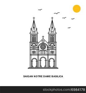 SAIGAN NOTRE DAME BASILICA Monument. World Travel Natural illustration Background in Line Style