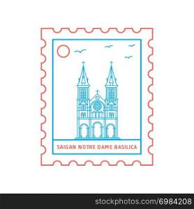 SAIGAN NOTRE DAME BASILICA postage stamp Blue and red Line Style, vector illustration