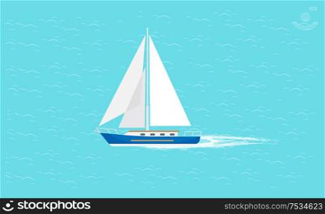 Sail boat with white canvas sailing in deep blue waters and leave trace vector illustration isolated. Modern yacht marine nautical personal boat icon. Sail Boat with White Canvas Sailing in Deep Waters