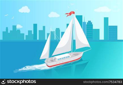 Sail boat with white canvas sailing in deep blue waters and leave trace vector at cityscape backdrop. Modern yacht marine nautical personal boat icon. Sail Boat with White Canvas Sailing in Deep Waters