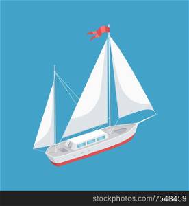 Sail boat with white canvas sailing vector illustration icon isolated. Modern yacht marine nautical personal boat with red flag on top, racing marine yacht. Sail Boat with White Canvas Sailing Vector Icon