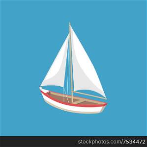 Sail boat with white canvas sailing vector illustration icon isolated on blue. Modern yacht marine nautical personal boat, ship for fishing, personal sailboat. Sail Boat White Canvas Sailing Vector Illustration