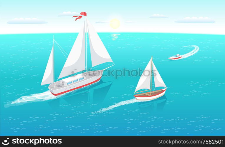 Sail boats with white canvas sailing in deep blue waters and leave trace vector illustration at seascape. Modern yacht marine nautical personal ships. Sail Boats with White Canvas Sailing in Deep Water