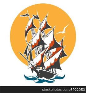 Sail ship emblem. Old wessel in stormy ocean. Vector illustration.
