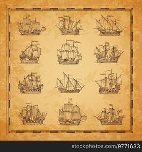 Sail ship, sailboat and brigantine sketch on vintage map, vector grunge background. Marine sail ships, pirate frigates with sails and cannons for treasure island and Caribbean adventure map. Sail ship, sailboat brigantine sketch, vintage map