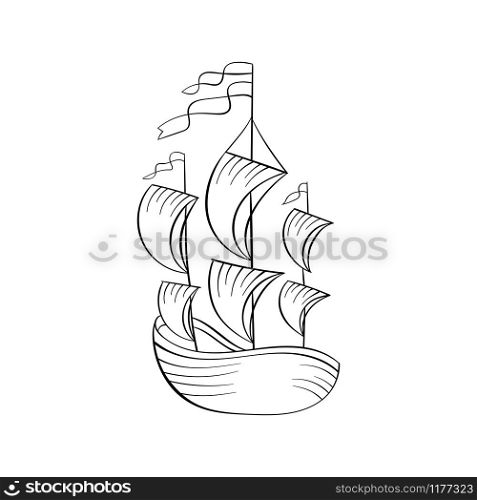 Sailboat black and white vector illustration. Ancient vessel with sails and flags sketch for coloring book. Vintage ship on waves engraving. Travel agency logo. Voyage tour poster design element. Sailboat black ink sketch