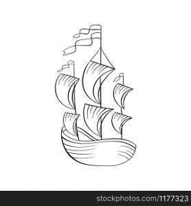 Sailboat black and white vector illustration. Ancient vessel with sails and flags sketch for coloring book. Vintage ship on waves engraving. Travel agency logo. Voyage tour poster design element. Sailboat black ink sketch
