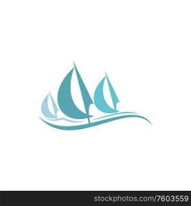 Sailboat on sea waves isolated yachting sport club icon. Vector motorboat or sailboat logo, marine championship. Motorboat or yacht, yachting sport logo