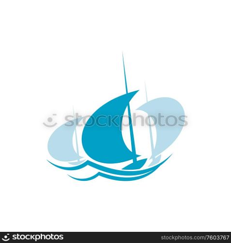 Sailboat on sea waves isolated yachting sport club icon. Vector motorboat or sailboat logo, marine championship. Motorboat or yacht, yachting sport logo