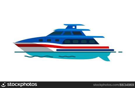 Sailboat vector illustration isolated on white. Fishing vessel, speed boat marine nautical type of transport in flat style, motorboat icon. Sailboat Vector Illustration Isolated on White