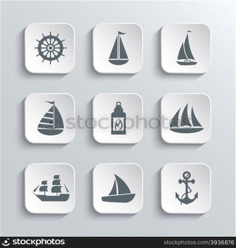 Sailboat Web Icons Set - Vector White App Buttons Design Element With Shadow. Trendy Design Template