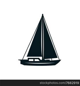 Sailboat with canvas or fiberglass cloth isolated. Vector fishing boat with sails and flag. Monochrome boat with sails isolated
