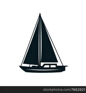 Sailboat with canvas or fiberglass cloth isolated. Vector fishing boat with sails and flag. Monochrome boat with sails isolated