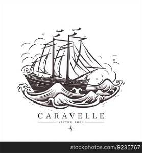 Sailing boat, caravelle, frigate on the water, vector logo emblem in asian style.. Sailing boat, caravelle, frigate on the water, vector logo emblem in asian style