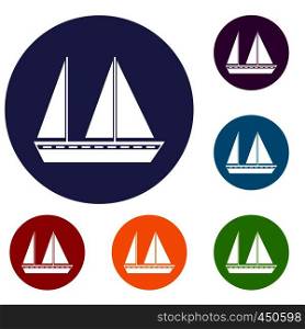 Sailing boat icons set in flat circle reb, blue and green color for web. Sailing boat icons set