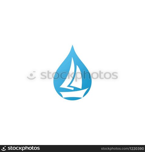 Sailing boat in water drop vector logo.
