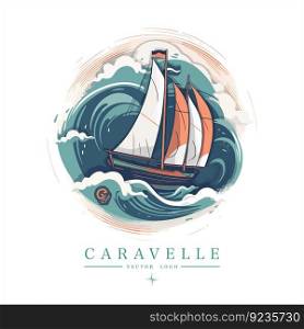 Sailing boat on the water, vector logo, colored caravelle emblem.. Sailing boat on the water, vector logo, colored caravelle emblem