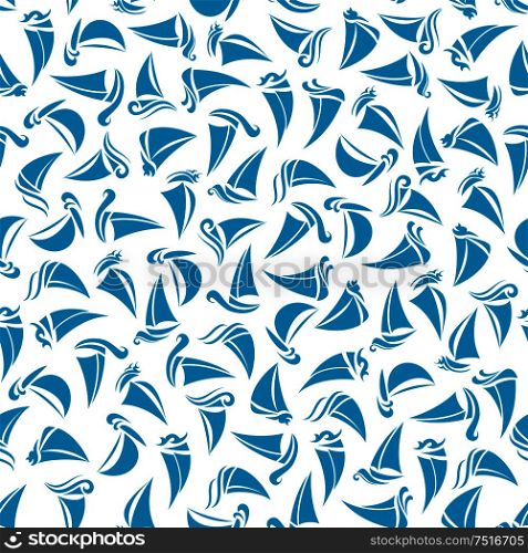 Sailing boats among waves seamless pattern for sailing sport or yachting themes design with blue silhouettes of yachts randomly scattered over white background. Seamless pattern wit blue sailing boats