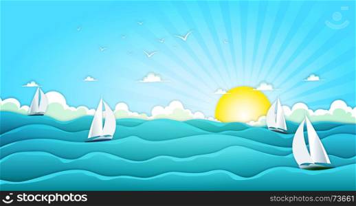 Sailing Boats In Wide Summer Ocean. Illustration of a cartoon wide ocean landscape with yachts and sailing boats for spring or summer holiday vacations, including seagulls, rough sea, foam and bright sunshine