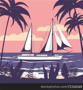 Sailing ship banner retro vintage tropical flora palm silhouettes. Sailing ship banner retro vintage tropical flora palm silhouettes. Nautical ocean sailing yacht or traveling. Vector illustration isolated