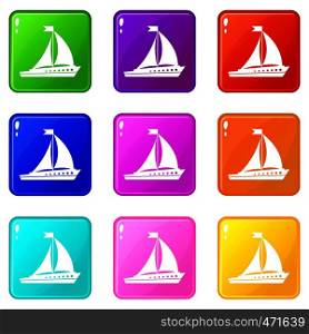 Sailing ship icons of 9 color set isolated vector illustration. Sailing ship icons 9 set