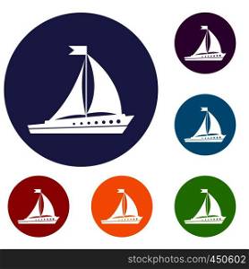 Sailing ship icons set in flat circle reb, blue and green color for web. Sailing ship icons set