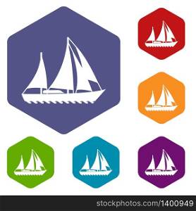 Sailing ship icons vector colorful hexahedron set collection isolated on white. Sailing ship icons vector hexahedron