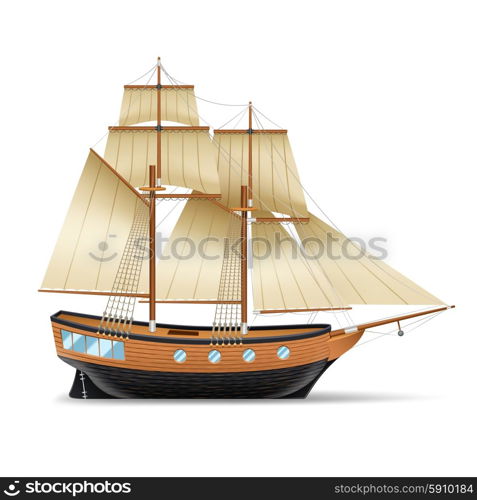 Sailing Ship Illustration . Wooden sailing ship with two masts square and gaff sails realistic vector illustration