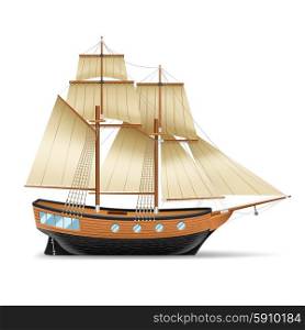 Sailing Ship Illustration . Wooden sailing ship with two masts square and gaff sails realistic vector illustration