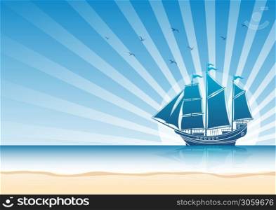 Sailing Ship in the Sea background. Vector illustration.