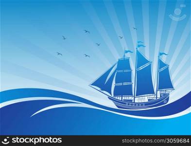 Sailing Ship in the Sea background. Vector illustration.