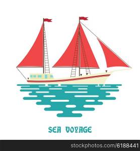 Sailing ship on a white background. Sailfish with red sail on the waves of the sea. Flat style. &#xA;Color illustration of sea sailing ship on the water. Stock vector