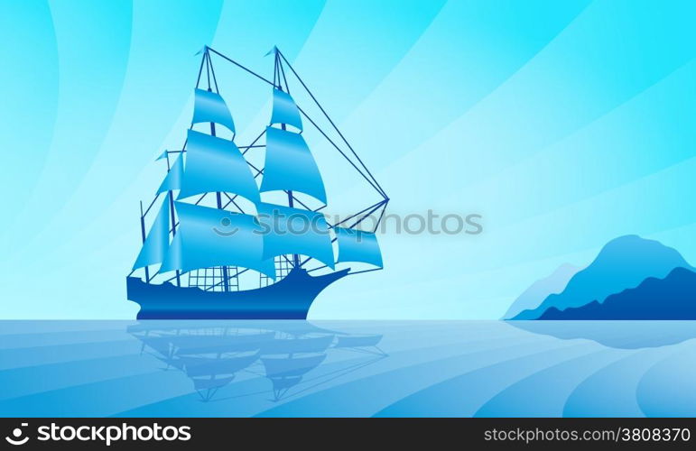Sailing ship on skyline. Vector illustration