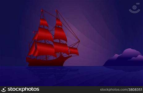 Sailing ship on the night skyline. Vector illustration