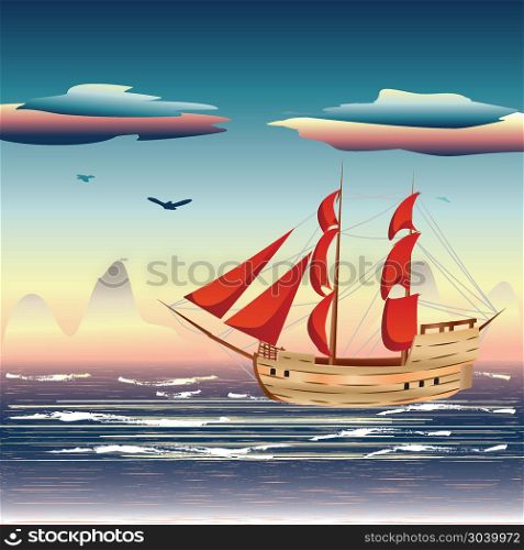 Sailing Ship on the Sea. Old sailing ship on the open ocean at sunset.
