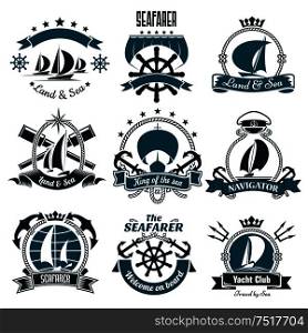 Sailing ships and sporting sailboats icons for yacht club, sailing sports or marine travel design including helms and anchors, spy glasses and tridents, framed by ribbon banners and ropes, compasses and stars, crowns and captain cap. Marine icons for sailing sport, sea travel design
